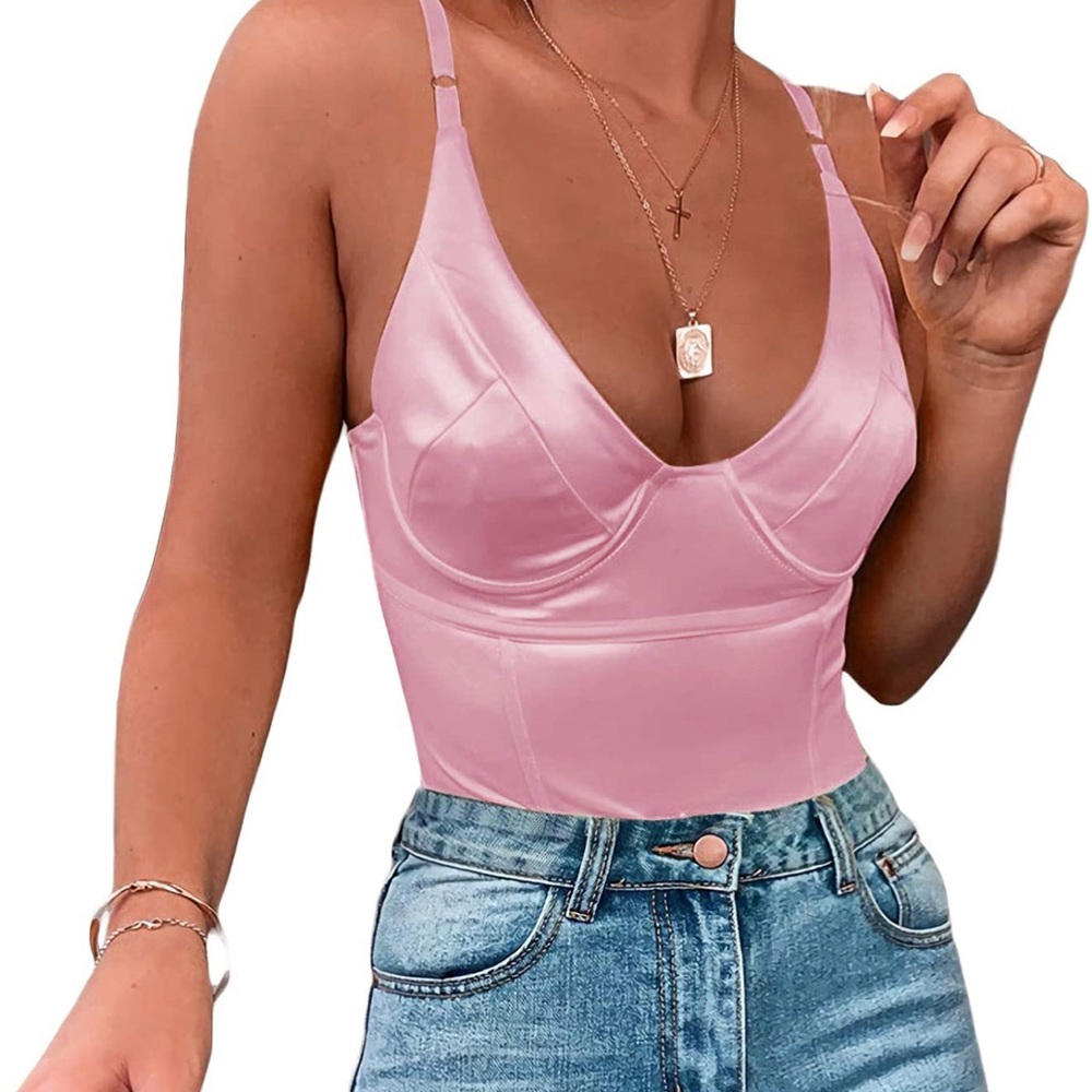 Pink v neck bodysuit- satin